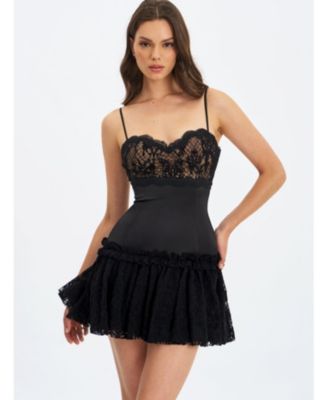 Women's Umra Black Contrast Lace Sweetheart Gathered Mini Dress