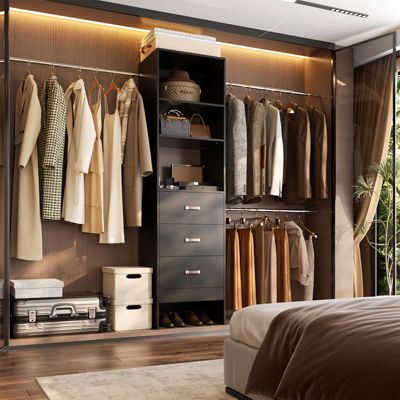5-8FT Adjustable Closet Organizer System with 3 Drawers and Hanging Rods, Clothes Rack for Closet Organization