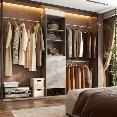 5-8FT Adjustable Closet Organizer System with 3 Drawers and Hanging Rods, Clothes Rack for Closet Organization