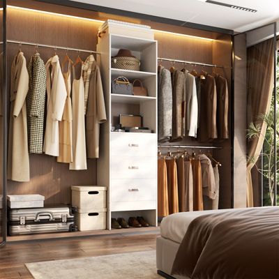 5-8FT Adjustable Closet Organizer System with 3 Drawers and Hanging Rods, Clothes Rack for Closet Organization