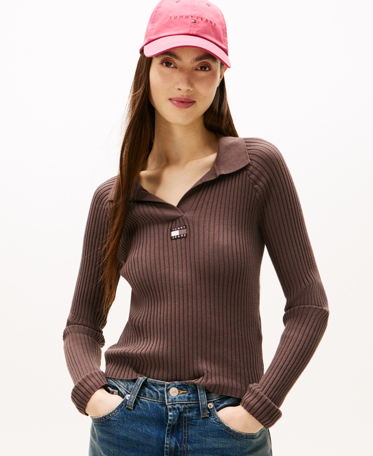 Tommy Jeans Women's Long-Sleeve Ribbed Collar Polo Top