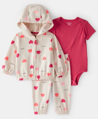 Carter's - Baby Girls 3-Piece Heart Print Jacket, Bodysuit and Pants Set