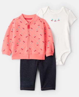 Carter's - Baby Girls 3-Piece Cherry Quilted Cardigan, Bodysuit and Pants Set
