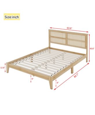 Queen Upholstered Bed Frame with Rattan Headboard and Support Feet, Wooden Frame Queen Size Platform Bed, No Box Spring Needed