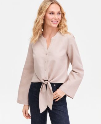 Women's Linen Tie-Front Button-Down Shirt