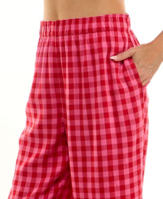 Women's Printed Open Leg Contrast Waistband Flannel Pants