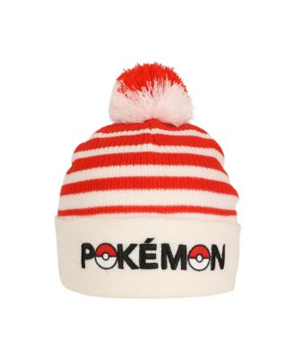 Men's Pokeball Plush Pom, Red And White Stripes Cuff Beanie