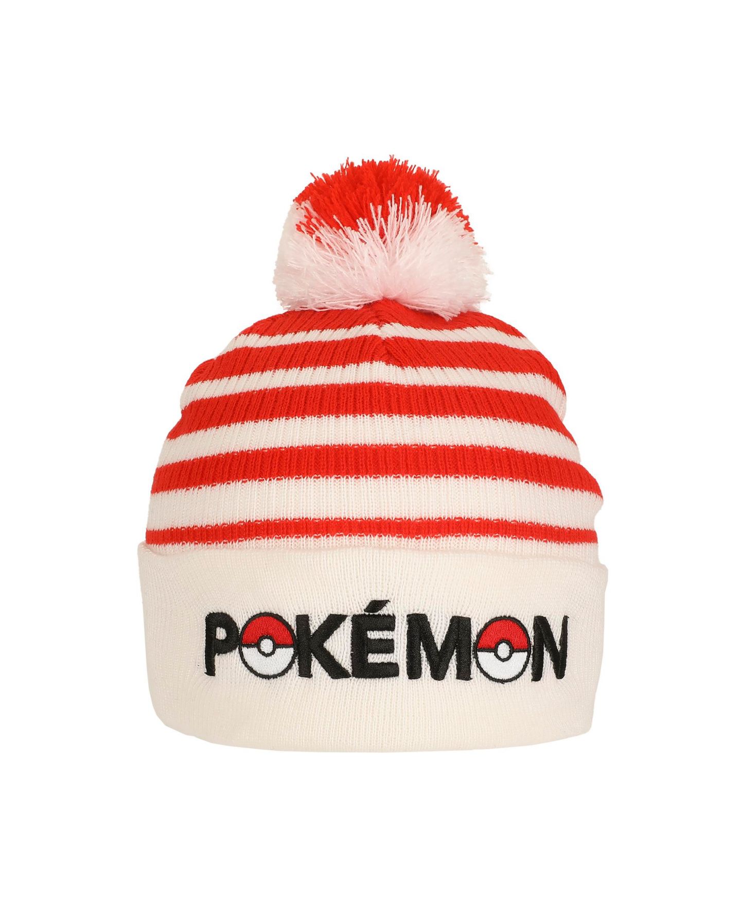 Мужская шапка Pokemon Pokeball Plush Pom, Red And White Stripes Cuff Beanie — фото 5