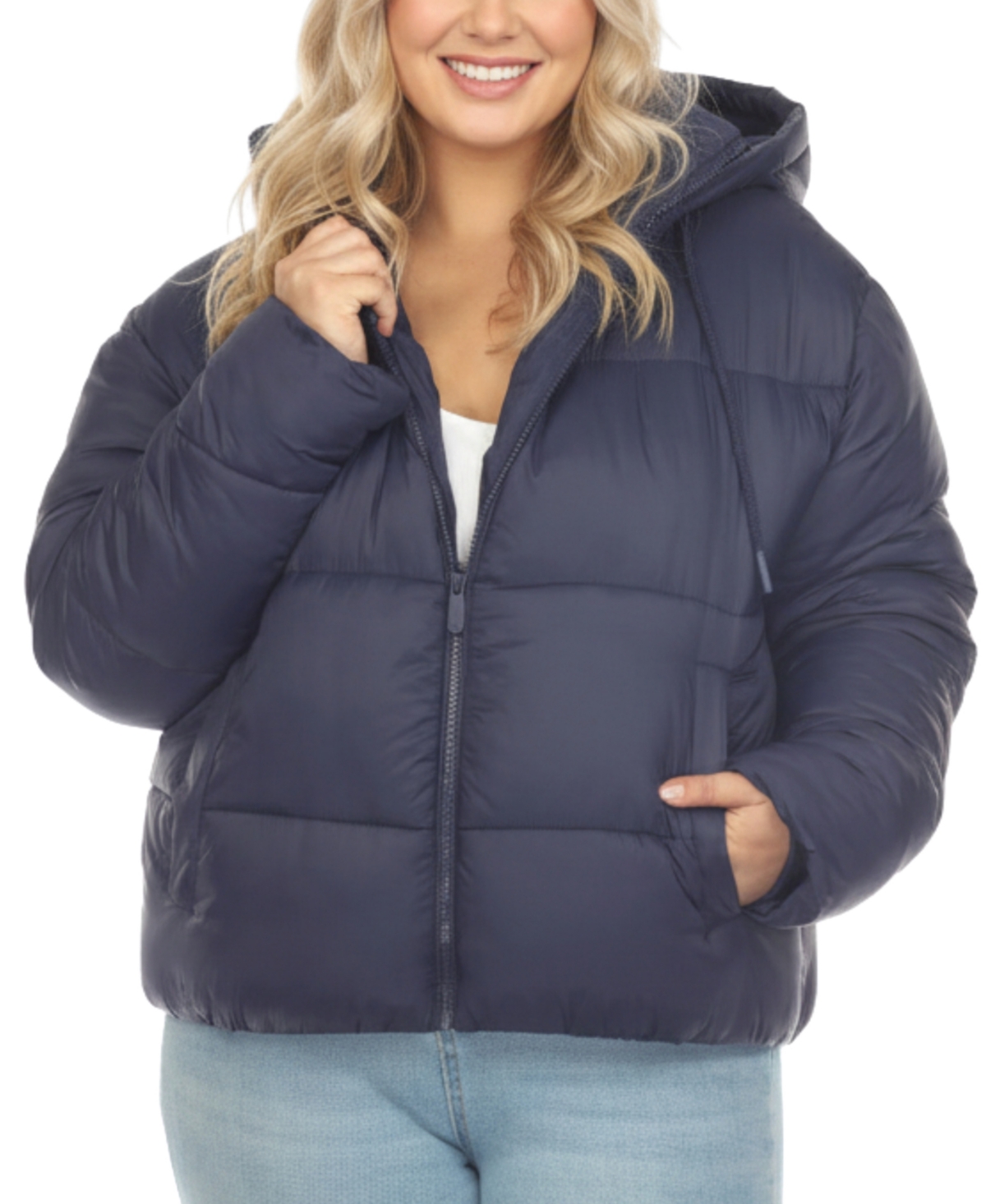 White Mark Plus Size Quilted Puffer Crop Jacket With Hood In Blue