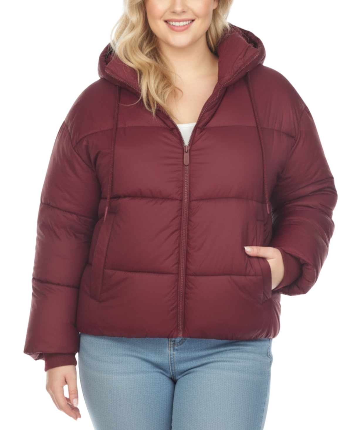 White Mark Plus Size Quilted Puffer Crop Jacket With Hood In Red