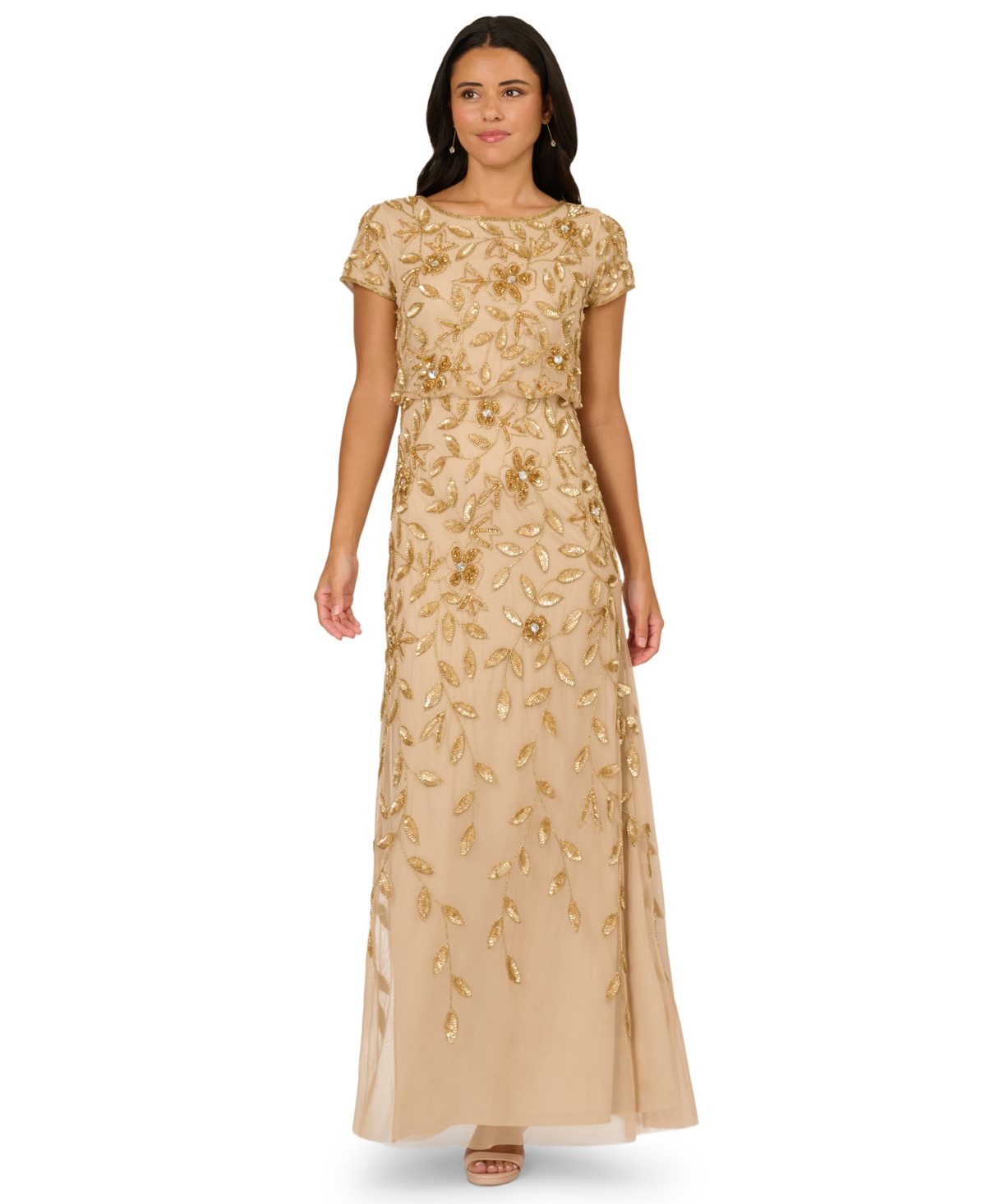 Adrianna Papell Women's Boat-Neck Blouson Beaded Gown