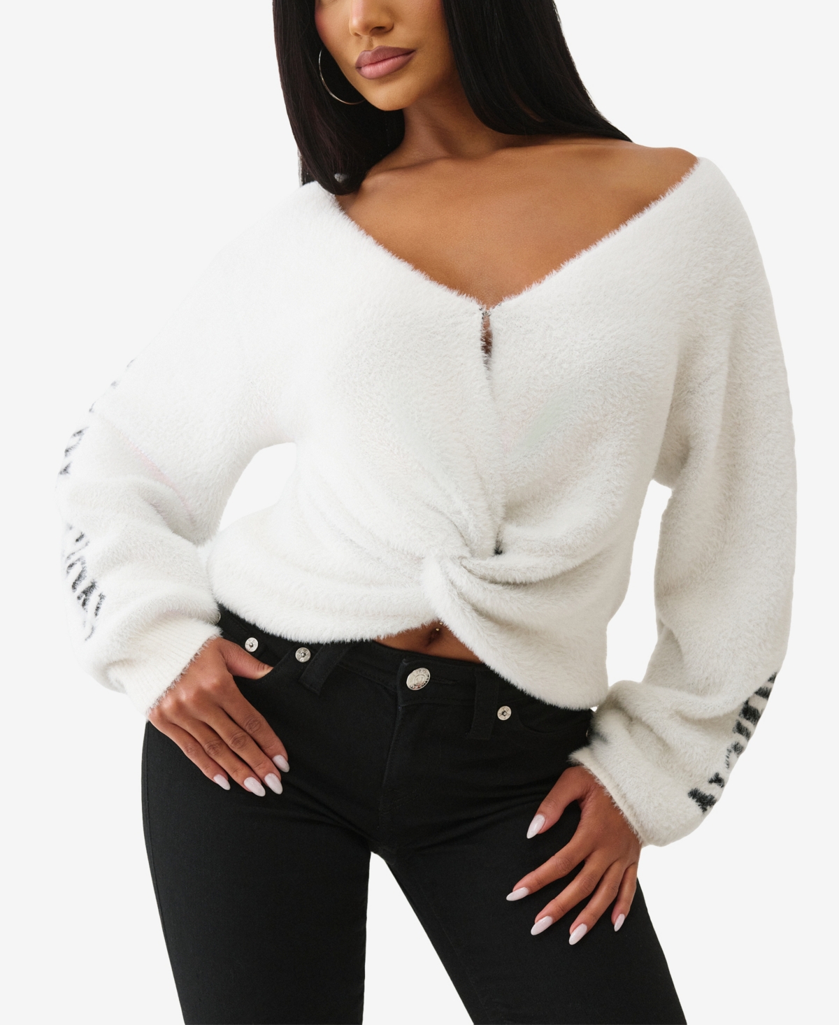True Religion Women's Jacquard Reversible Crew Neck Sweater In White