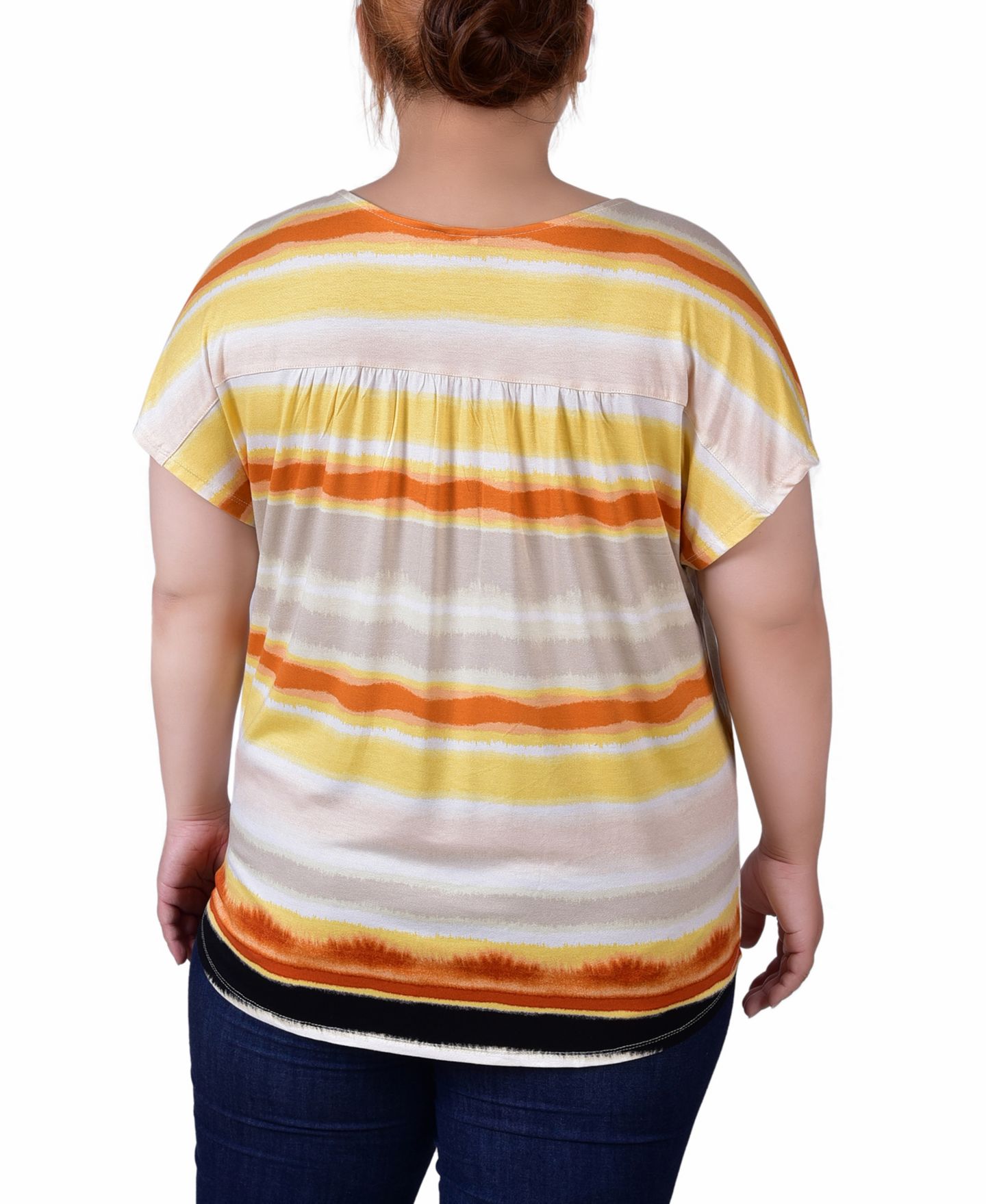 Женский топ NY Collection Plus Size Short Sleeve Striped V neck, цвет: Жёлтая слоновая кость полосатый — фото 4