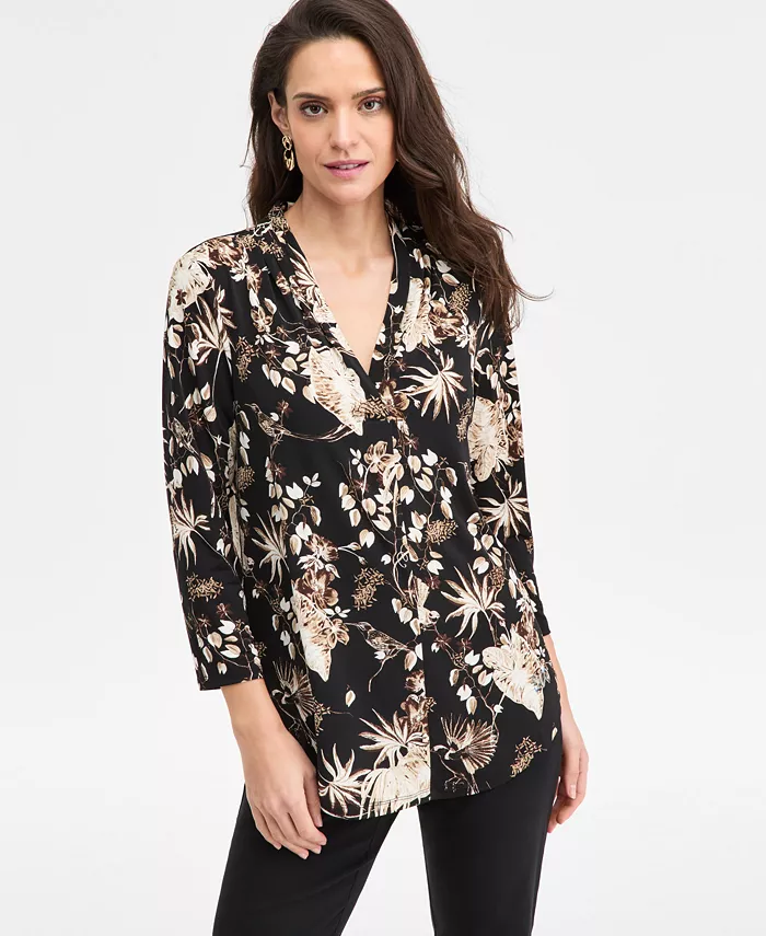 Women's Printed 3/4 Sleeve V-Neck Knit Top - thumbnail 4