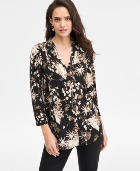 Petite Trop Ity Floral Print Top, Macy's Exclusive - Deep Black Combo