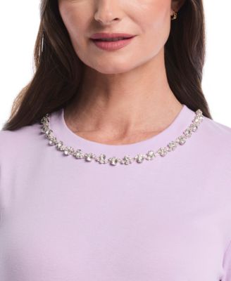 Petite Embellished Neck Long Sleeve Top