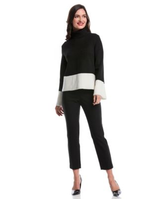 Petite Color Block Trim Turtleneck Long Sleeve Sweater