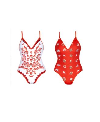 Women's Red Coral Reversible V-Neck One-Piece Swimsuit