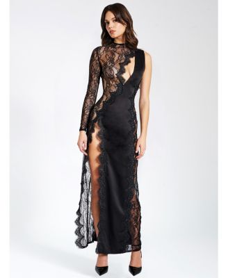 Women's Weslyn Black Satin Lace High Slit Dress
