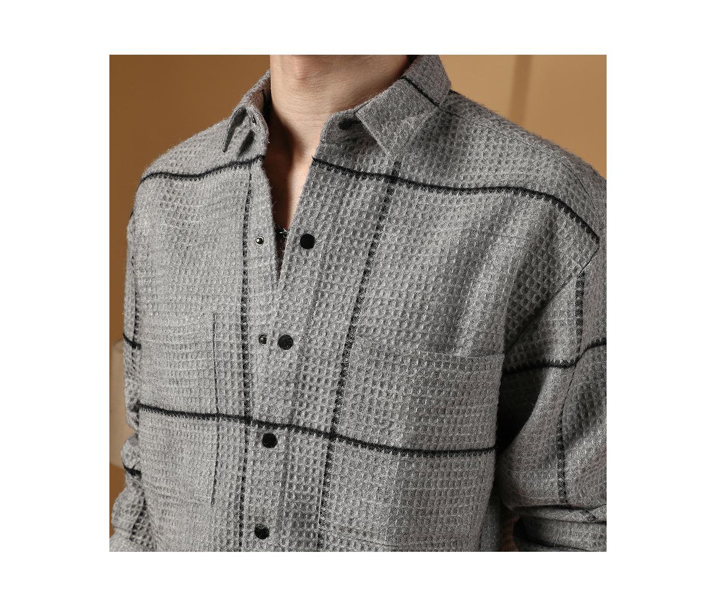Мужская рубашка Cahoot Campus Sutra Moon Grey Graph-Check Waffle Overshirt, цвет: Серый — фото 6