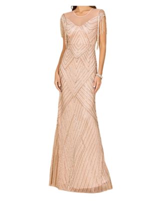 Women's Beaded Fringe Illusion Dress with Cap Sleeves