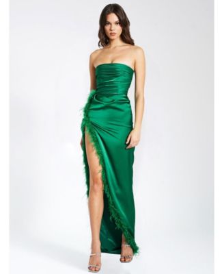 Women's Perrin Emerald Green Feather Dress High Slit Gown