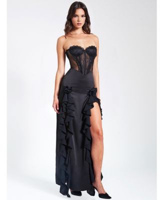 Women's Talia Black Satin Lace Corset Maxi Dress