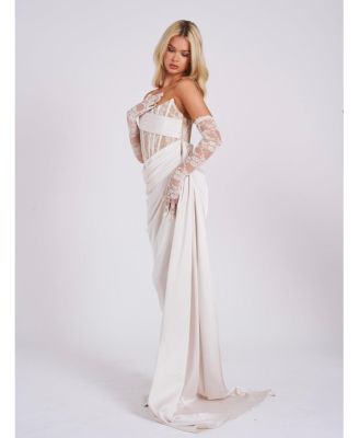 Women Callie Pearl White Lace Satin Corset High Slit Gown