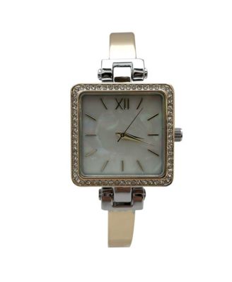 Two Tone Square Face Thin Rhinestone Bezel Bangle Women Watch