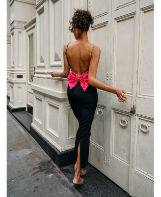 Women's Flore Black Crystal Straps Backless Gown With Bow