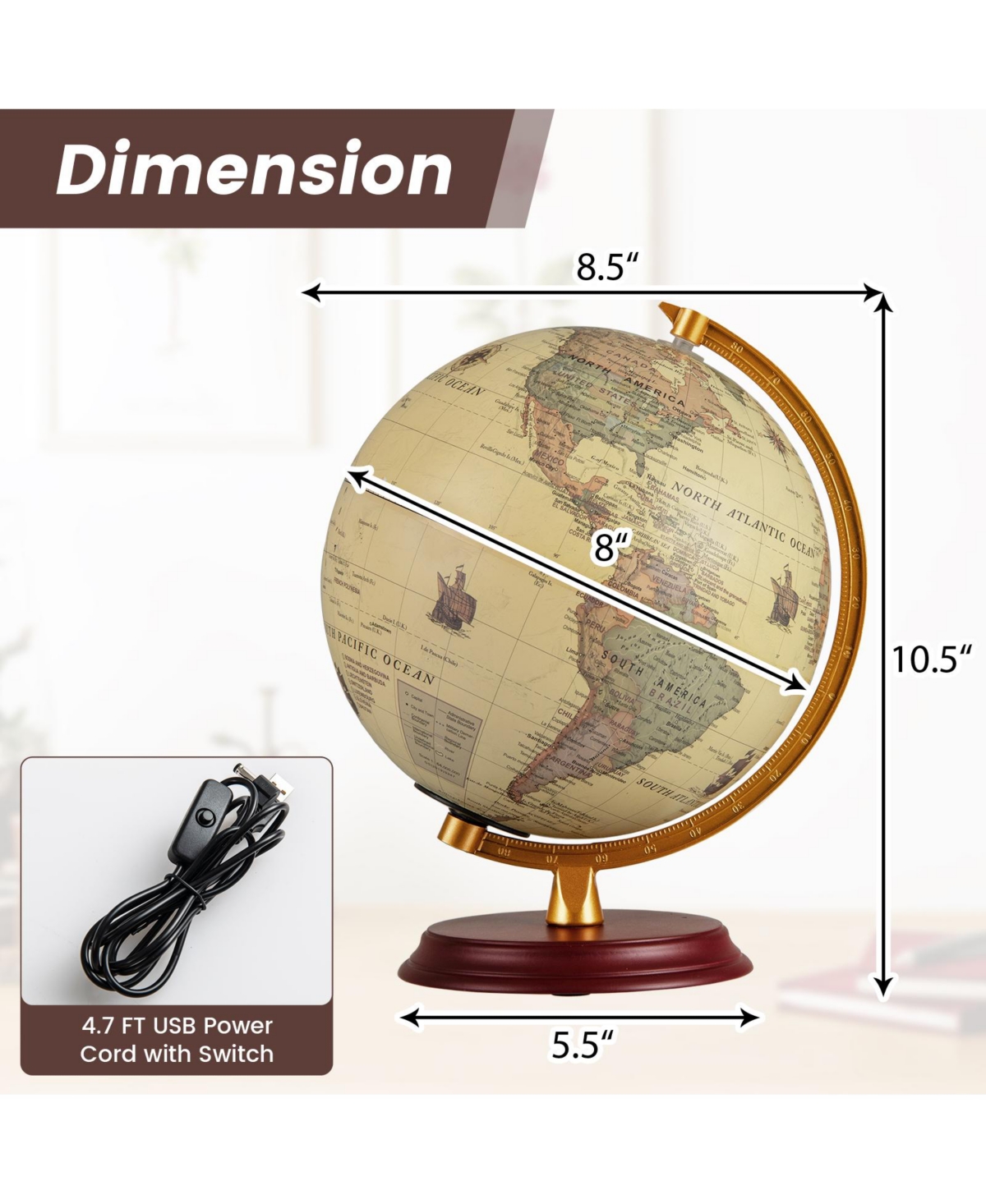 Sugift 8 Inch Illuminated World Globe Night Light up Globe Lamp with Wooden Stand and Hd Map