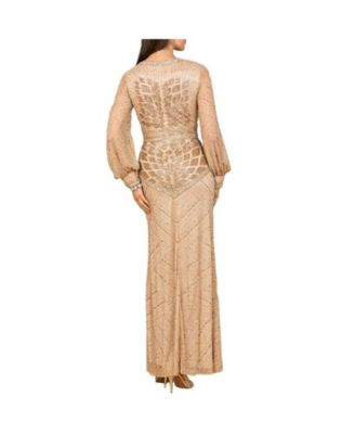 Women's V Neck Beaded Long Sleeve Dress