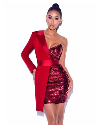 Women's Silver Night Wine Red Sequin Crepe Tuxedo Blazer Dress