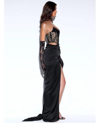 Women's Callie Black Lace Satin Corset High Slit Gown