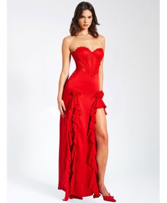 Women's Talia Red Satin Lace Corset Maxi Dress
