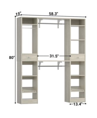 58" - 90'' W MDF/Metal Closet System with 2 Drawers, 3 Hanging Rods and Shelves Large Walk-in Closet Organizer