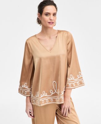 Women's Soutache-Lace Satin V-Neck Top, Macy's Exclusive