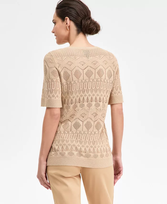 Petite Short-Sleeve Pointelle V-Neck Sweater - thumbnail 4