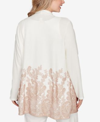 Plus Size Long Sleeve Border Print Cardigan Sweater