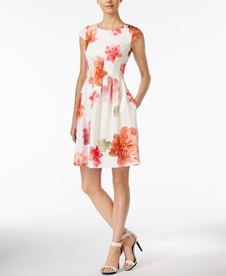 Calvin Klein Cap-Sleeve Floral-Print Scuba Fit & Flare Dress - Dresses ...
