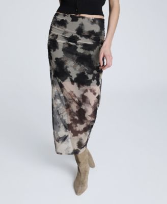Kenneth Cole - Women's Printed Mesh Side Ruched Midi Skirt