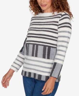 Petite Striped Feather Eyelash Pullover Sweater