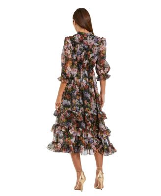 Women's Chiffon 3/4 Sleeve A Line Midi Dress With Ruffles