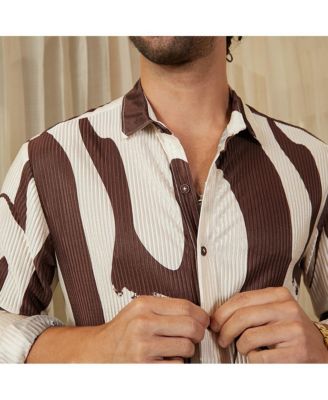 Men's Chocolate Brown & Daisy White Contour-Lines Pleated Shirt