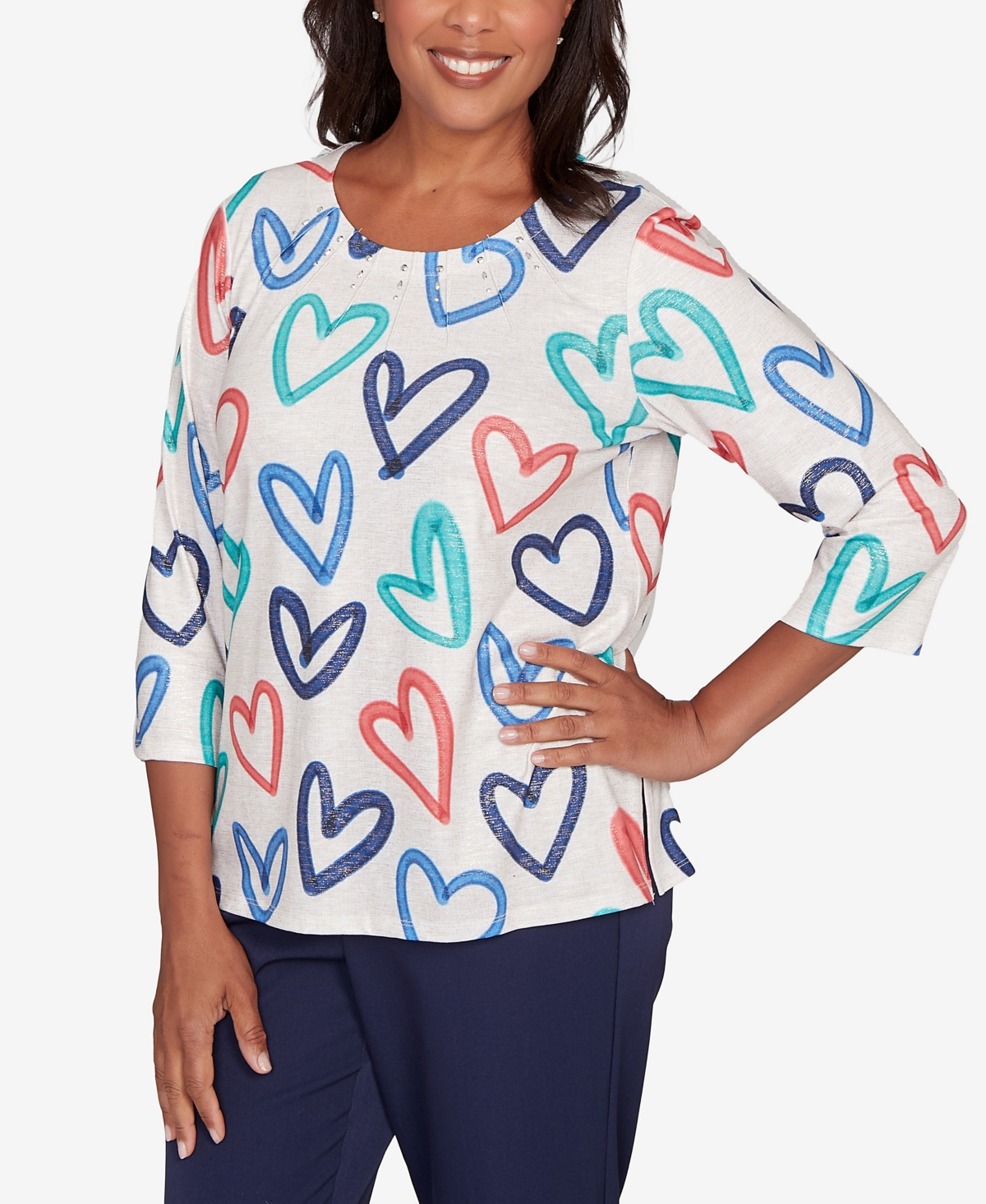 Alfred Dunner Plus Size Saratoga Springs Tossed Heart Pattern Knit Top In White