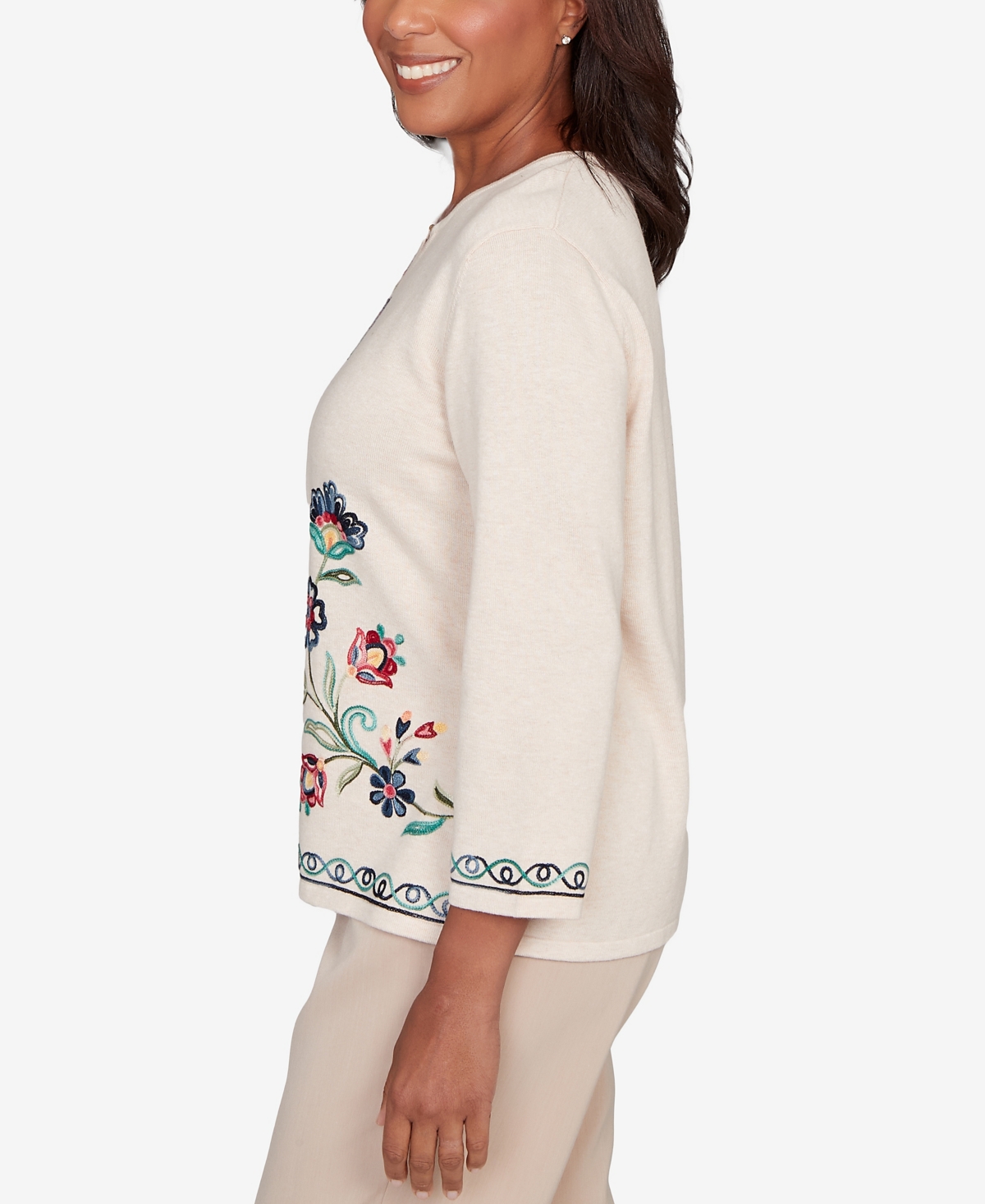 Alfred Dunner Plus Size Saratoga Springs Embroidered Floral Three-quarter Sleeve Sweater In Multi