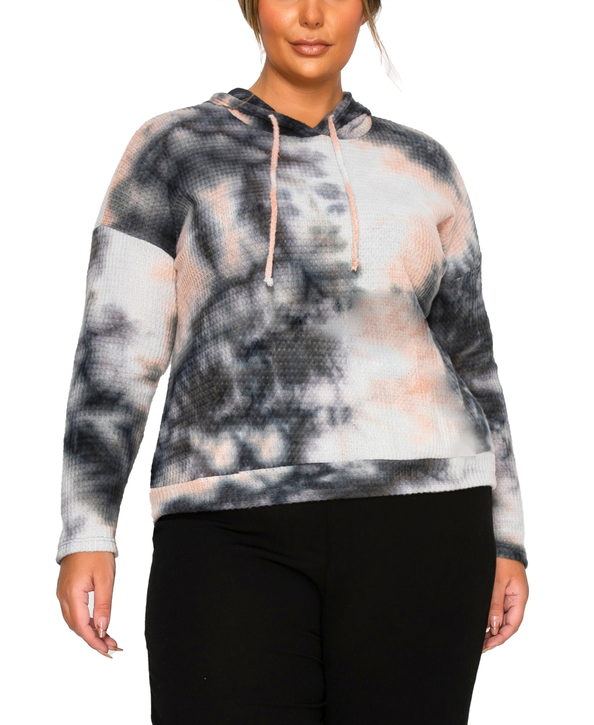 Coin 1804 Plus Size Brushed Tie Dye Waffle Drawstring Sweatshirt In Gray