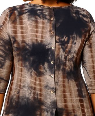 Plus Size Tie Dye Cozy Button Back 3/4 Sleeve Top