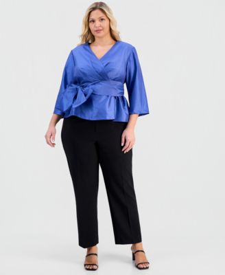 Plus Size V-Neck 3/4-Sleeve Taffeta Top