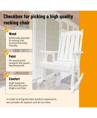 Wooden Rocking Chair with Comfortable Backrest Inclination, High Backrest and Deep Contoured Seat, for Backyard, Porch and Patio (PU White)